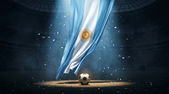 Argentina flag waving with soccer ball in stadium