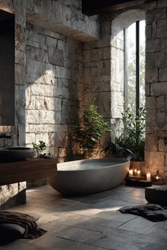 rustic bathroom with stone walls and modern fixtures