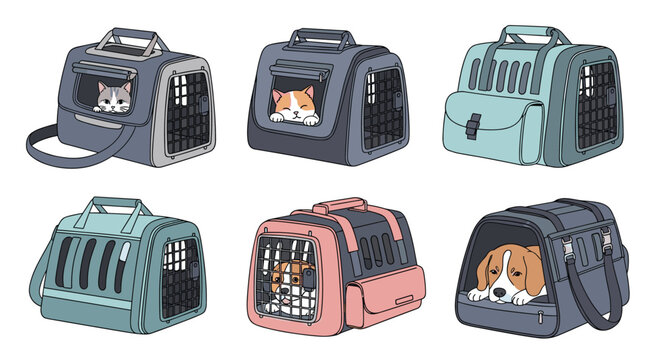 Selection of different portable pet carriers containing cats and dogs designed for safe and comfortable animal travel.