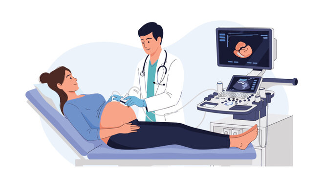 Doctor performing an ultrasound examination on a pregnant woman in a clinic while monitoring the baby image on a digital screen.