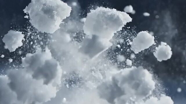 Dynamic Slow Motion Collision of Two Snowballs Exploding into a Cloud of Fine Snow Powder and Ice Flakes Against a Dark Winter Background