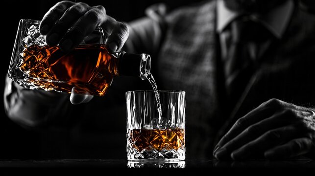 Man pouring amber whiskey into crystal glass against dark background