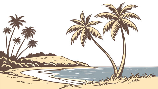 Vector illustration of a peaceful tropical beach scene with palm trees and calm water tropical landscape
