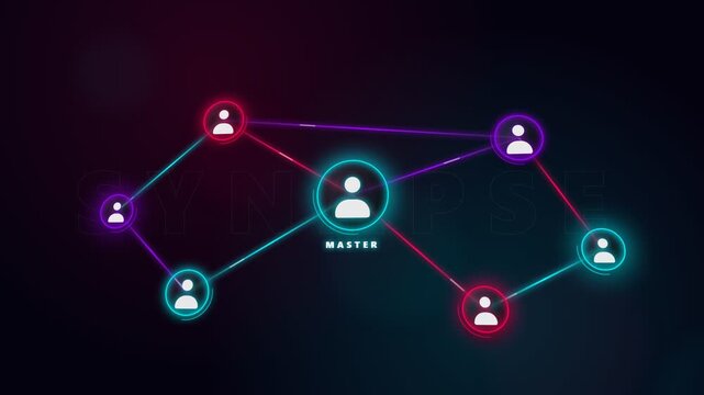 Neon network of human avatars glowing with dynamic lines illustrating a master node connection