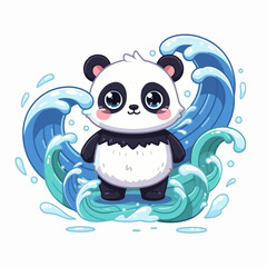 Fototapeta premium Cute cartoon panda swimming in water with playful waves