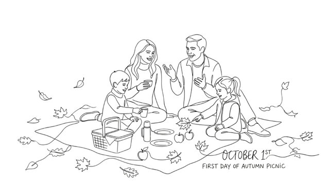 Black Continuous Line Art of Cheerful Family Enjoying Autumn Picnic on First Day of October