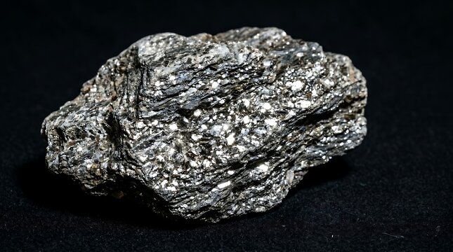 Close up photos of a sparkling raw mica schist mineral specimen isolated on a dark background