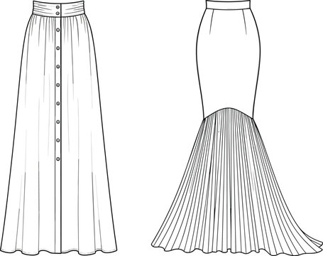 High waisted button front maxi skirt with pleated mermaid hem cad drawing flat vector illustration for apparel design tech pack