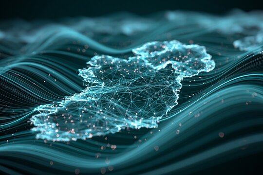 Futuristic digital map of Ireland rendered with glowing blue network lines. Waveform background flows with subtle depth