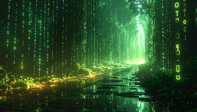Digital forest path glowing with green binary code, streams of data falling like rain, concept for technology and nature integration