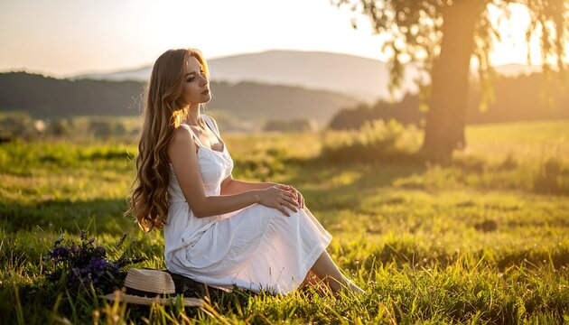 A woman in white dress sitting in a field at sunset