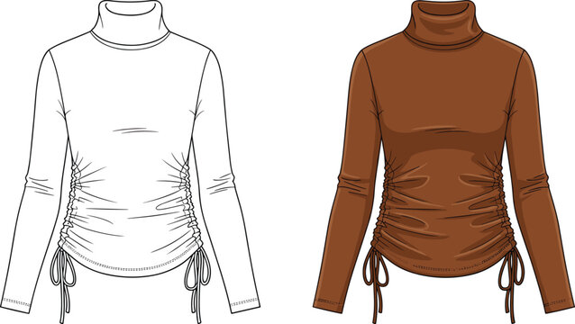 Two color variations of turtleneck top cad drawing flat vector illustration with side ruching and drawstrings for apparel design template