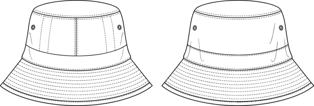 Unisex bucket hat front and back view cad drawing flat vector illustration with stitched brim and eyelets for apparel design
