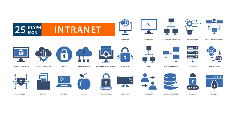 intranet icon set with intranet, computer, computer network, technology, local area network, locked computer, cloud computing, locked, network hub, software development, padlock, lan, local network, 