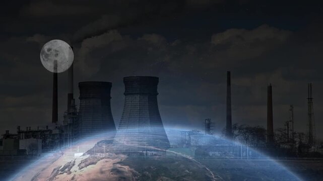 A glowing blue earth hemisphere rising below dark, imposing cooling towers and industrial chimneys under a full moon. Contrasts the fragile planet with the looming presence of heavy, polluting industr