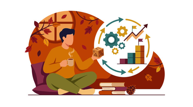 Flat vector illustration of a man sitting cross-legged with coffee, visualizing business growth, gears, and data charts against a warm autumn background with falling leaves.