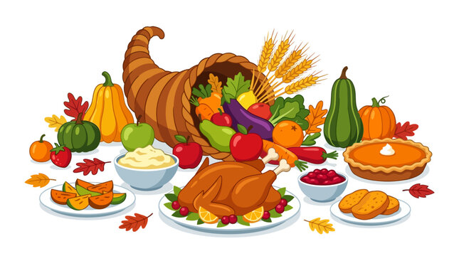 Flat vector illustration of Thanksgiving dinner spread including roasted turkey, cornucopia with autumn harvest vegetables, pumpkin pie, mashed potatoes, and fall leaves on white background.