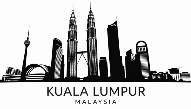 Vector illustration of Kuala Lumpur skyline in black silhouette, with &ldquo;KUALA LUMPUR&rdquo; text, on white background, modern city identity and tourism design