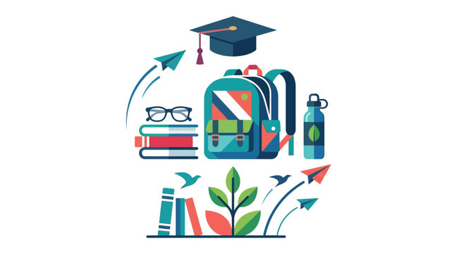 Flat vector illustration of back to school supplies featuring a blue backpack, stack of textbooks with spectacles, graduation mortarboard, water bottle, and flying paper airplanes.