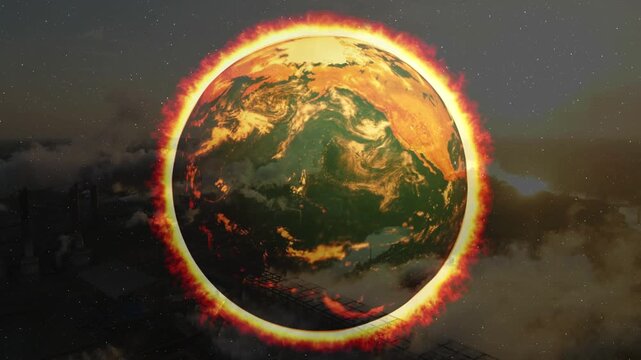 A burning earth globe surrounded by a ring of fire, superimposed over a dark, smoky industrial landscape. A powerful visual metaphor for global warming, planetary destruction, and climate emergency.