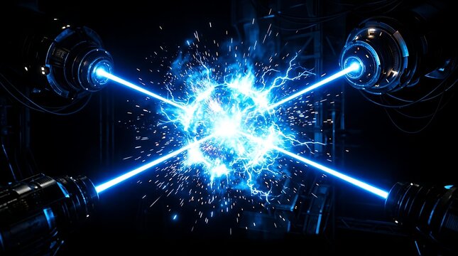 Intense blue laser beams converge into a central glowing plasma core creating bright electric sparks inside a dark high tech laboratory setting with dramatic cinematic lighting.