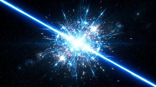 Intense blue supernova explosion occurring in deep space with bright streaks of light and powerful electrical energy currents radiating outwards across the vast dark cosmic void