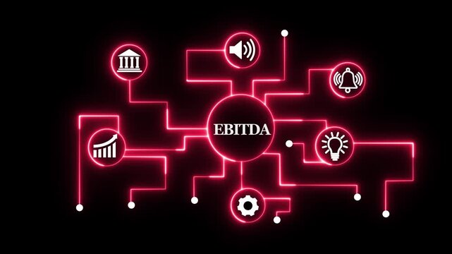 Ebitda financial performance metrics digital infographic with glowing red neon network connections and business growth for corporate data analysis, investment strategy, and economic reporting