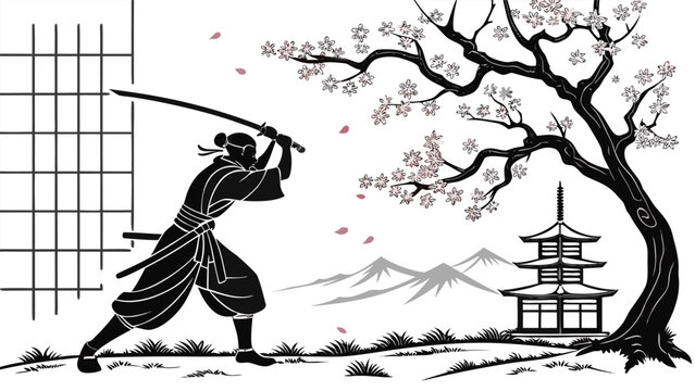 Vector illustration of a traditional samurai warrior drawing a katana sword near a japanese pagoda