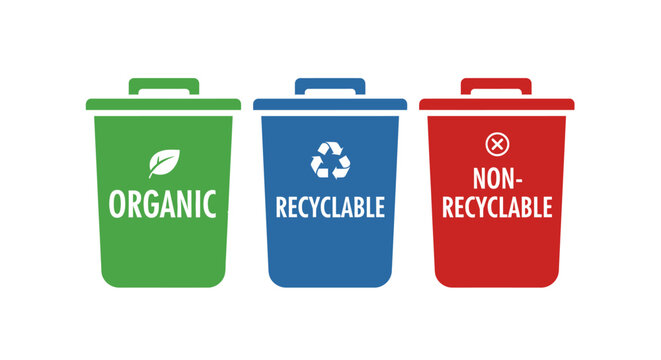 Three colorful trash bins for organic, recyclable, and non-recyclable waste