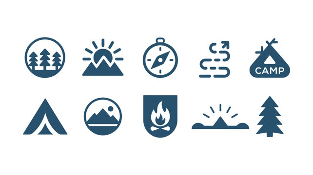 Summer Camp Icons Collection &ndash; Tent, Compass, Camp Badge, Mountain and Nature Vector