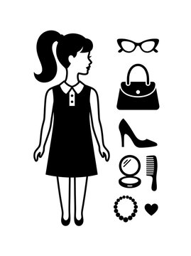 Silhouette of barbie style girl with various fashion accessories