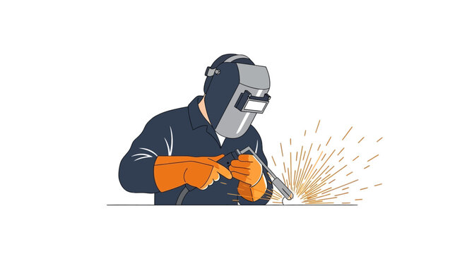 Welder working with sparks flying, industrial worker in protective gear