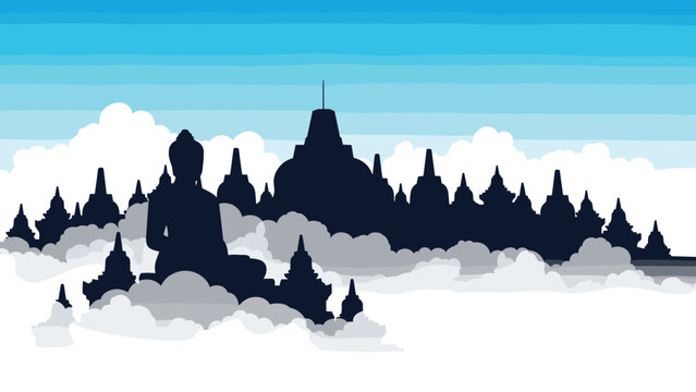 Dark blue silhouette of the Borobudur temple with its iconic stupas and Buddha statues rising above a thick layer of white clouds at dawn time.