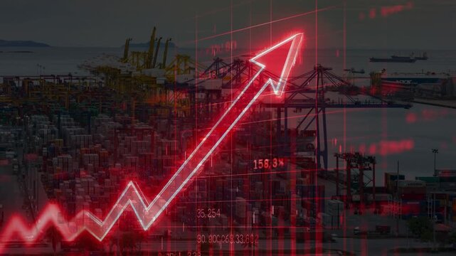 Glowing red upward arrow and financial charts superimposed over a busy industrial shipping port. Illustrates booming international trade, economic growth, increasing operational fee.