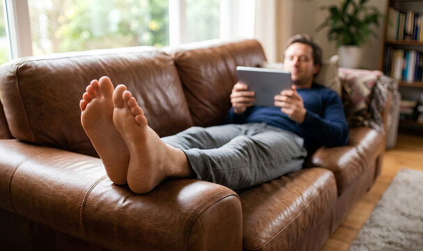 Happy Man Relaxing on Comfortable Leather Couch with Feet Up While Using Tablet Computer in Bright Modern Living Room with Natural Light
