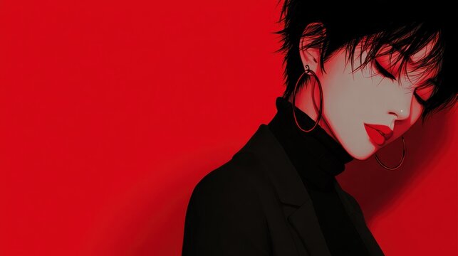 Stylized portrait of a person with short dark hair and dramatic makeup against a bold red backdrop