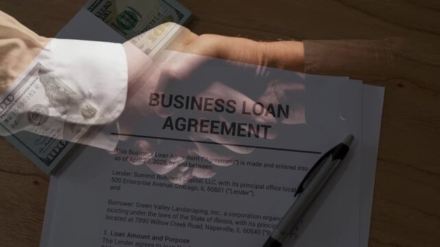 Handshake over a "BUSINESS LOAN AGREEMENT" document and a stack of hundred-dollar bills. Symbolizes corporate financing, successful banking deals, investment partnerships, and financial support.