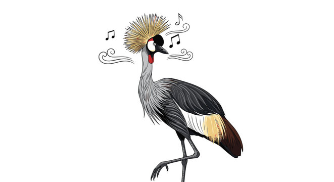 Elegant crowned crane stands gracefully on one leg with decorative swirls and musical notes suggesting a rhythmic or natural dance performance.