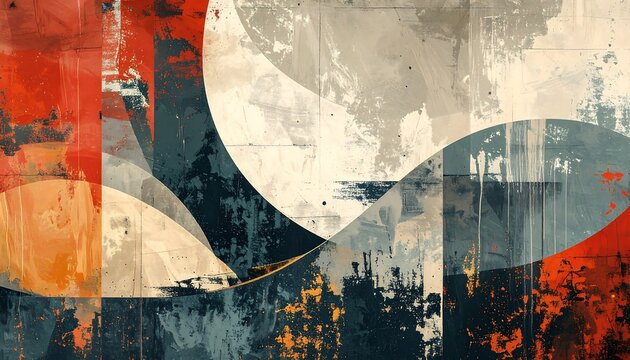 Abstract composition with overlapping shapes, textures, and a vibrant color palette