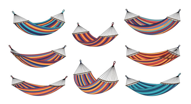 Eight colorful striped fabric hammocks are shown in different perspectives and hanging positions for relaxation and outdoor leisure concepts.