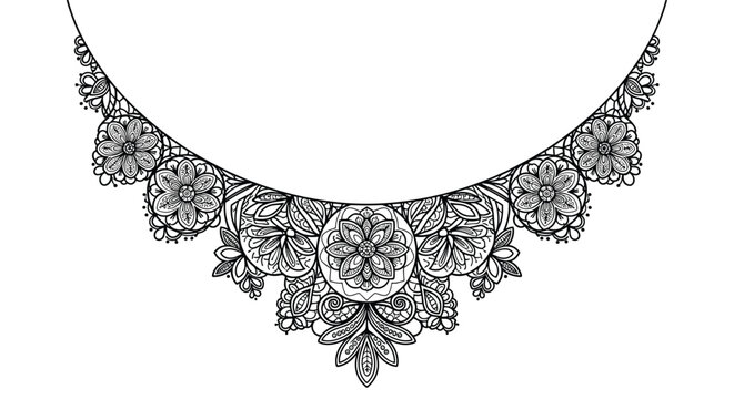 Intricate black lace collar design with floral patterns is displayed on a white background for fashion and garment manufacturing inspiration.