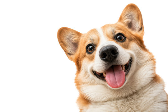 Happy Pembroke Welsh Corgi with tongue out looking directly at the camera, isolated on a clean white background. Adorable dog portrait with a cheerful expression, playful personality, and copy space