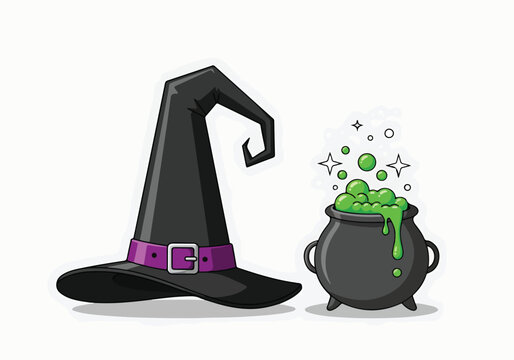 A witch's hat and bubbling cauldron
