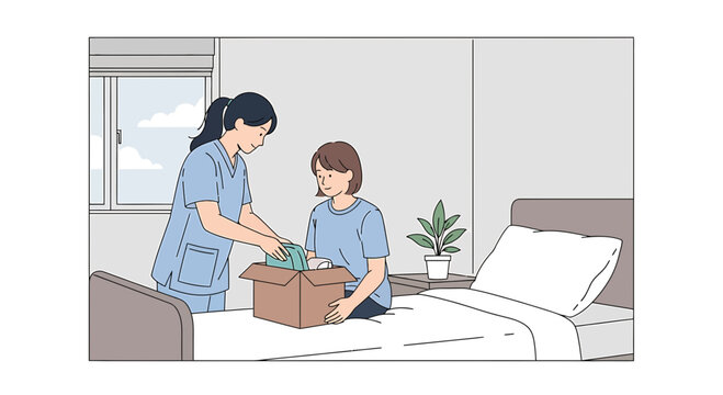 Nurse helping patient unpack box of belongings in hospital room
