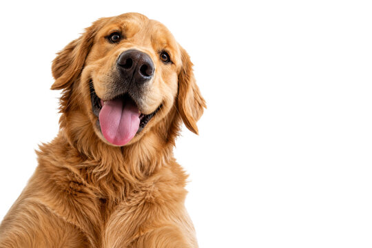 Happy golden retriever dog with tongue out, looking directly at the camera and isolated on a clean white background. Friendly pet portrait with expressive eyes, fluffy golden fur, and cheerful 