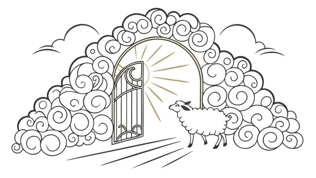 Vector illustration of a sheep standing before an open heavenly gate surrounded by clouds with religious