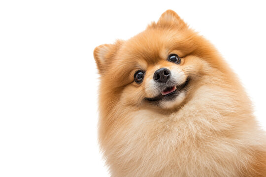Adorable fluffy Pomeranian dog tilting its head with a happy expression, isolated on a clean background. Charming companion animal portrait featuring soft fur, bright eyes, and a playful personality