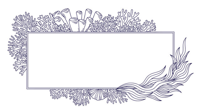 Rectangular border frame surrounded by hand drawn line art of coral reefs and seaweed for a maritime or oceanic themed message board.