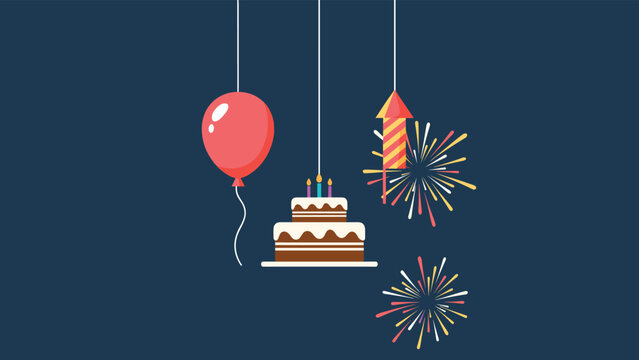 Celebration elements including a red balloon birthday cake and firework rocket hanging against a dark blue background in a flat style.