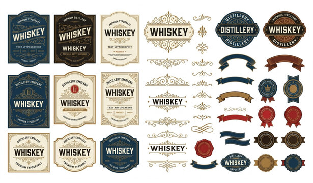 Vintage whiskey label template and distillery branding vector set isolated on white background